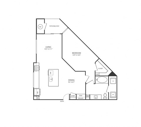 Floor plan for 1 bed, 1 bath, 832 sqft
